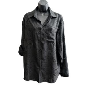 🆕Women's SIZE X-Large Black Woven Floral Shadow Print Button Down Dressy Blouse